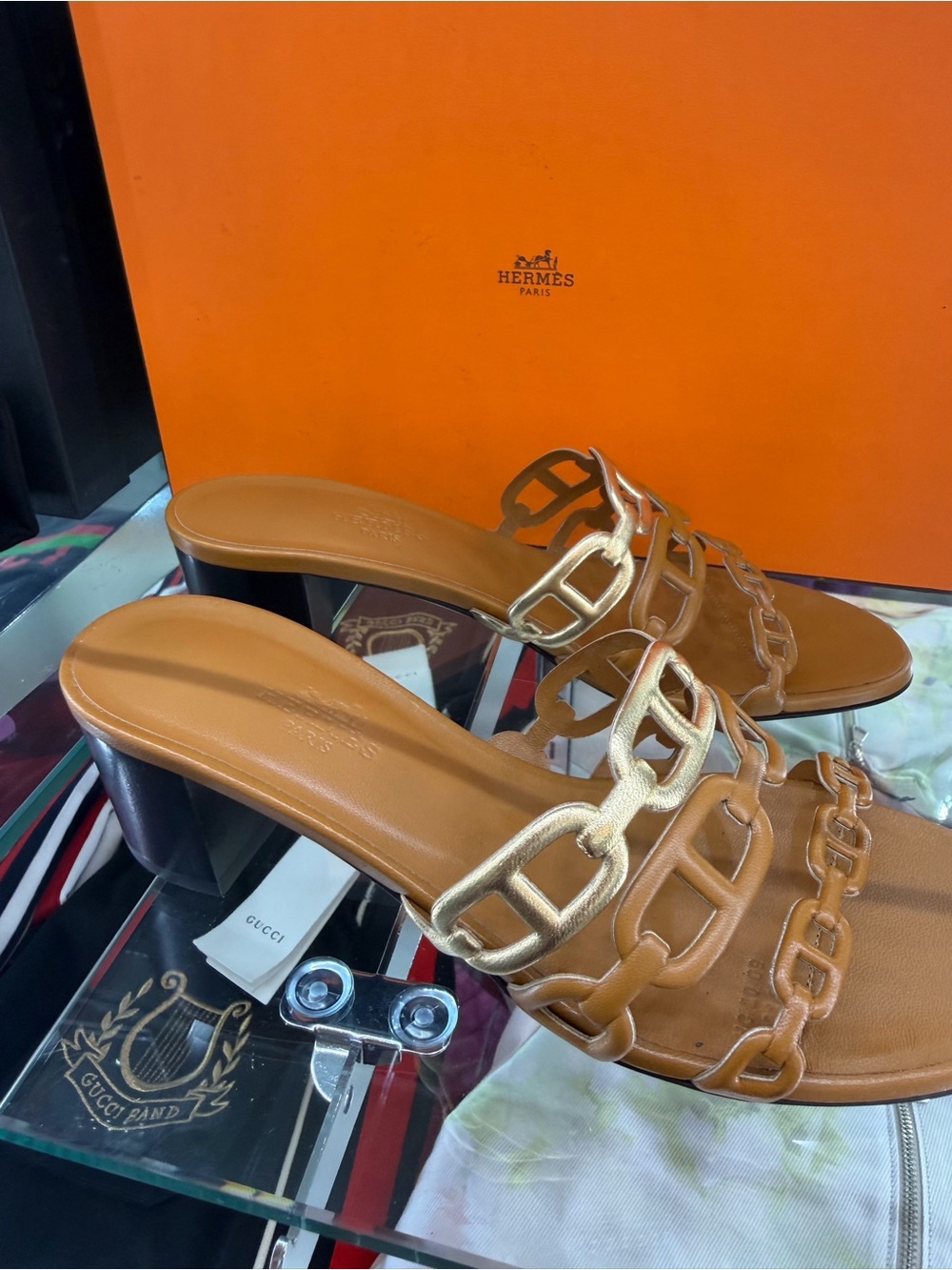 Hermes Tan Leather Chain-Link Slide Heels - Picture 4 of 12